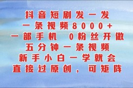 抖音短剧发一发，一条视频8000+，五分钟一条视频，新手小白一学就会，只要一部手机...