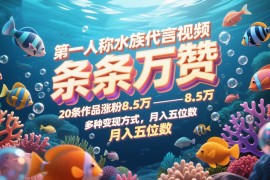 第一人称水族代言视频，条条万赞，20条作品涨粉8.5万，多种变现方式月，入五位数