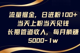 流量掘金，日进粉100+,当天上粉当天见钱，长期管道收入，每月躺赚5000-1w