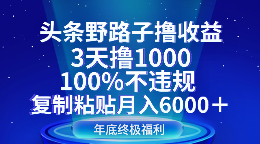 头条野路子撸收益,3天撸1000,100%不违规,复制粘贴月入6000+ 头条野路子撸收益,3天撸1000,100%不违规,复制粘贴月入6000+