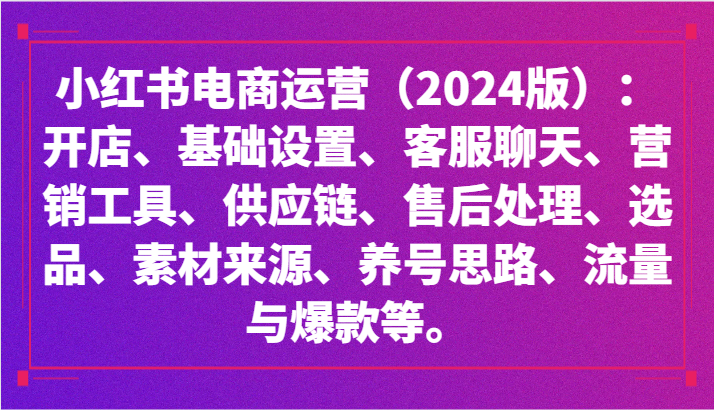 小红书电商运营(2024版):开店、设置、供应链、选品、素材、养号、流量与爆款等