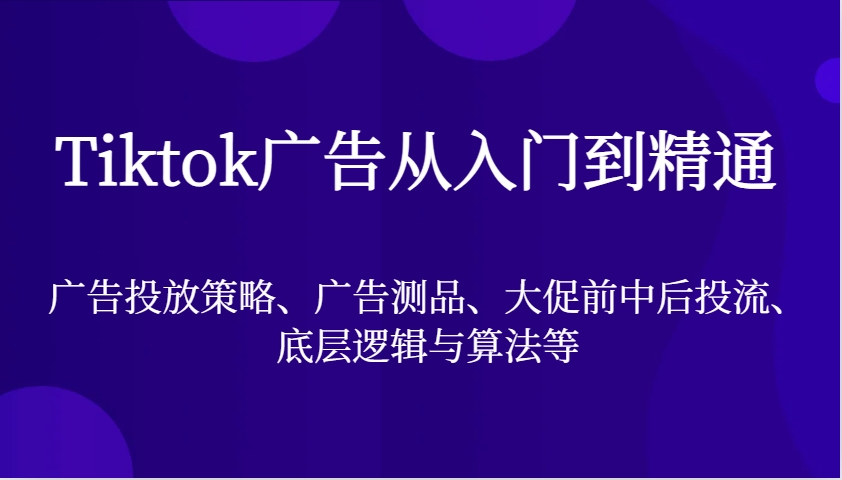 Tiktok广告从入门到精通,广告投放策略、广告测品、大促前中后投流、底层逻辑与算法等