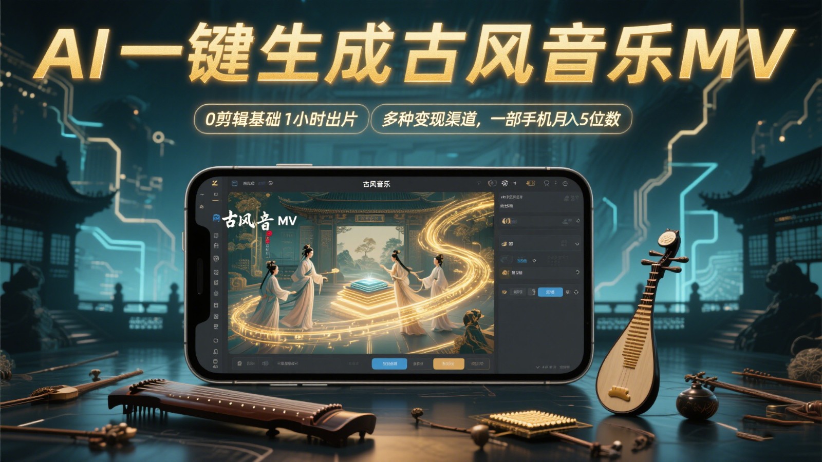 AI一键生成古风音乐MV,0剪辑基础1小时出片,多种变现渠道,一部手机月入5位数