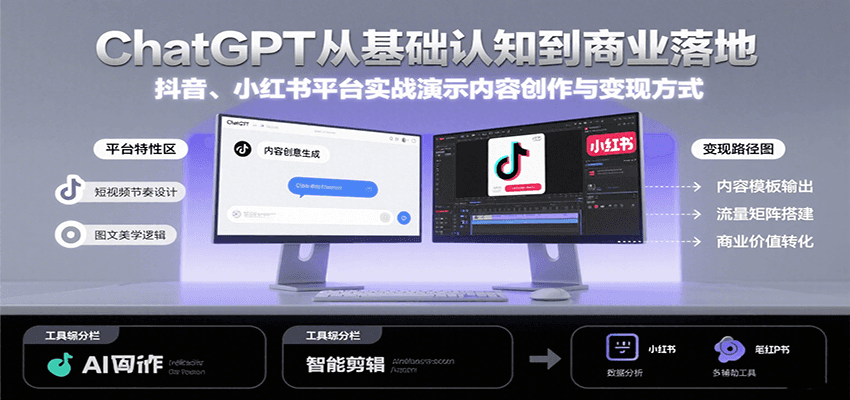 ChatGPT从基础认知到商业落地,实战演示抖音、小红书等平台的内容创作与变现