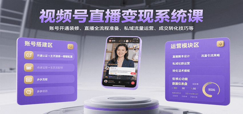 视频号直播变现系统课,账号开通装修、直播全流程准备、私域流量运营、成交转化技巧等