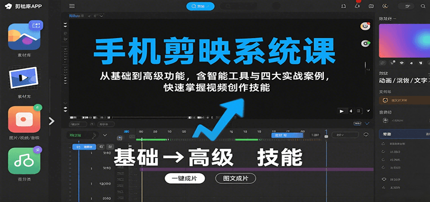 手机剪映系统课，从基础到高级功能，含智能工具与四大实战案例，快速掌握视频创作技能