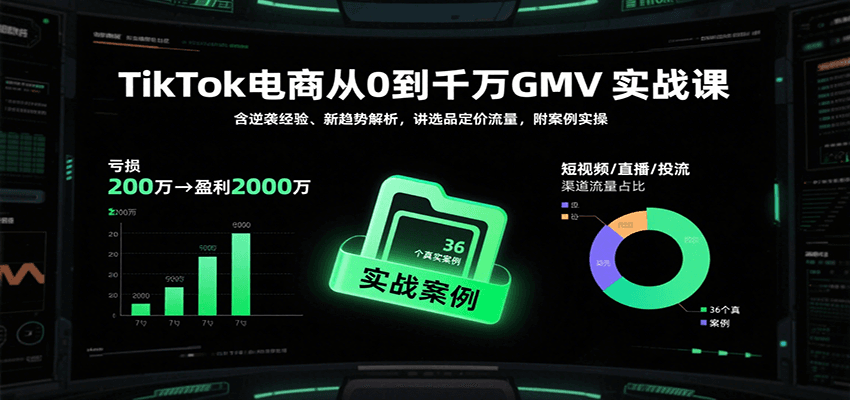 TikTok电商从0到千万GMV实战课,含逆袭经验、新趋势解析,讲选品定价流量,附案例实操