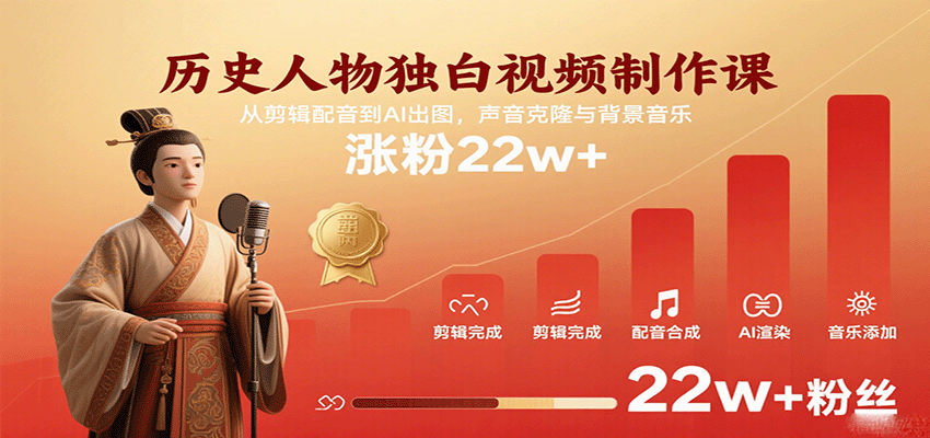 历史人物独白视频制作课,从剪辑配音到AI出图,声音克隆与背景音乐,涨粉22w+