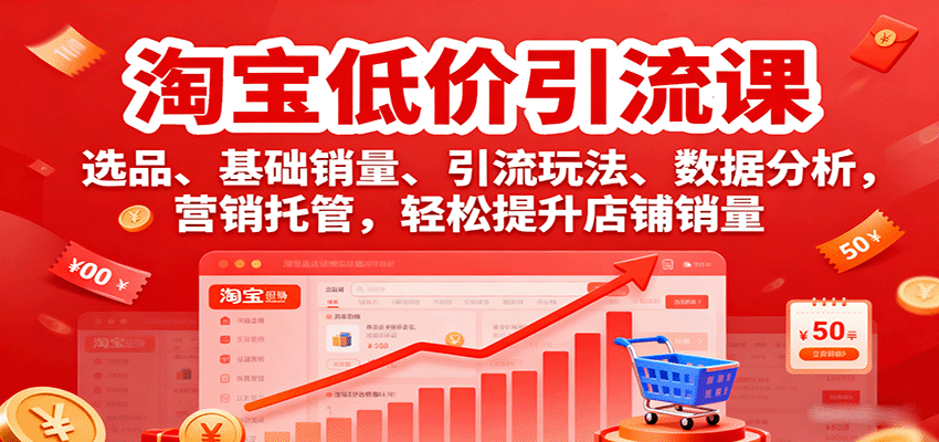 淘宝低价引流课,选品、基础销量、引流玩法、数据分析,营销托管,轻松提升店铺销量