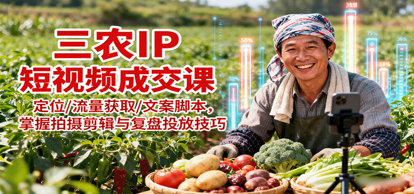 三农IP短视频成交课：定位/流量获取/文案脚本，掌握拍摄剪辑与复盘投放技巧