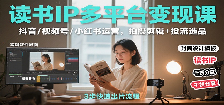读书IP多平台变现课:抖音/视频号/小红书运营,拍摄剪辑+投流选品