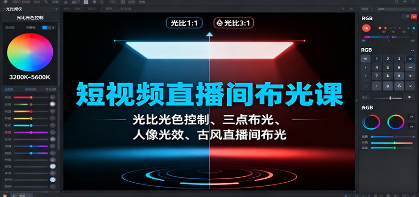 短视频直播间布光课:光比光色控制、三点布光、人像光效、古风直播间布光