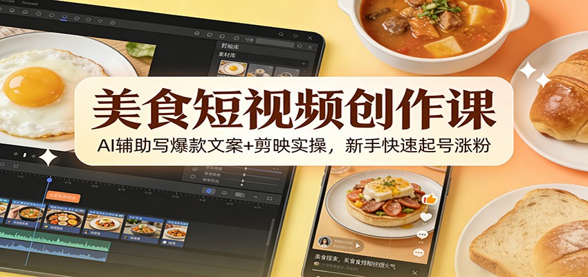 美食短视频创作课:AI辅助写爆款文案+剪映实操,新手快速起号涨粉