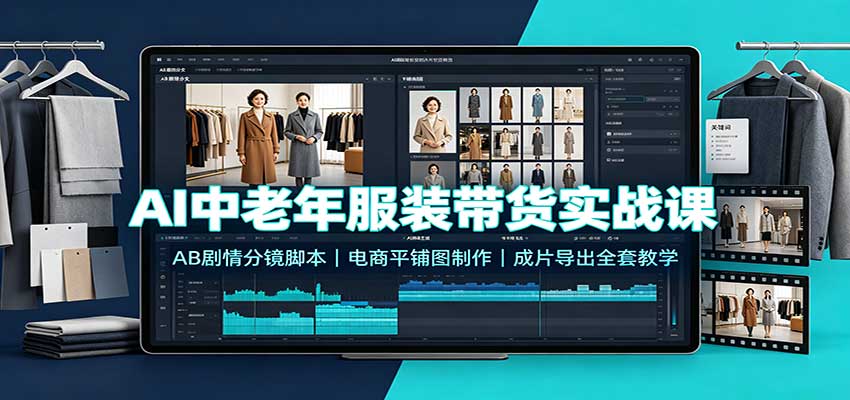 AI中老年服装带货实战课：AB剧情分镜脚本，电商平铺图制作，成片导出全套教学 