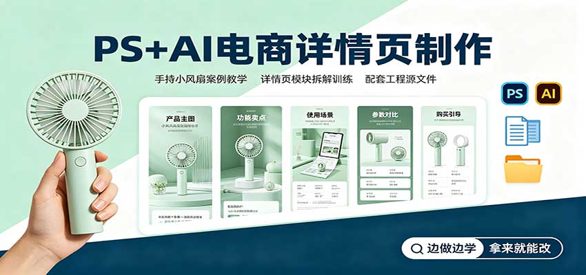 PS+AI电商详情页制作：手持小风扇案例教学，配套工程源文件 