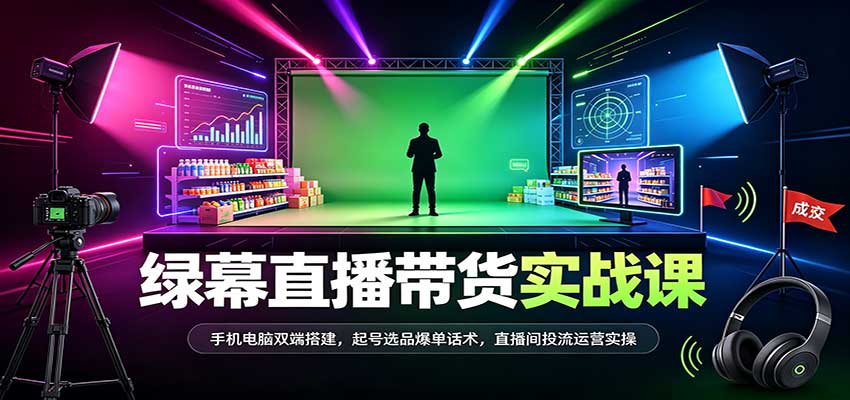 绿幕直播带货实战课：手机电脑双端搭建，起号选品爆单话术，直播间投流运营实操 